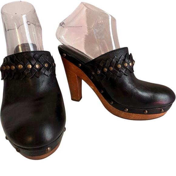 Lauren Ralph Lauren Black Leather Studded Wooden Platform Clogs 7.5 Boho Chic - Picture 1 of 12
